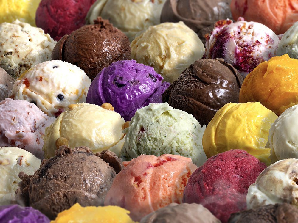 Assorted ice cream scoops. Colorful set of ice cream of different flavors. side view of ice cream