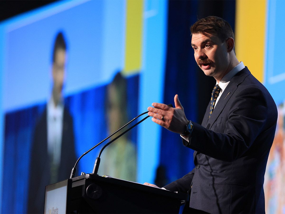 Alberta Minister of Municipal Affairs Dan Williams speaks on the final day of the Alberta Municipalities Convention at the Telus Convention Centre in Calgary on Nov. 14, 2025.