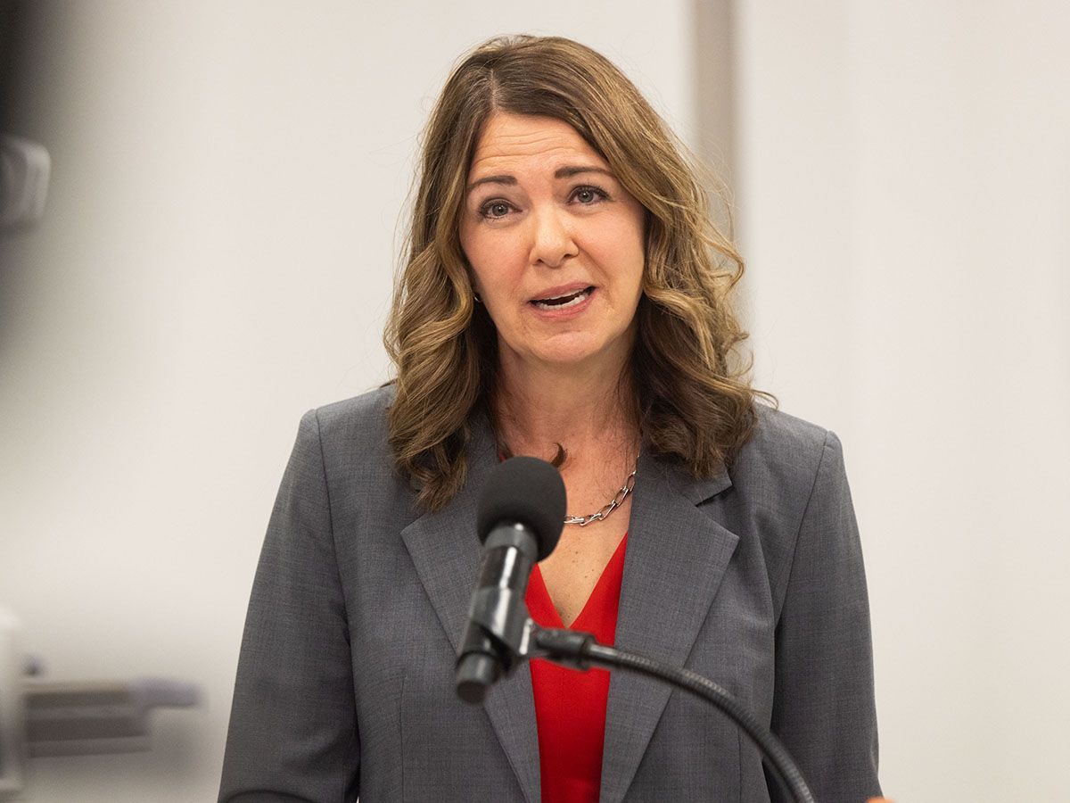 Premier Danielle Smith speaks at a press conference in Calgary on Monday, June 1, 2026.