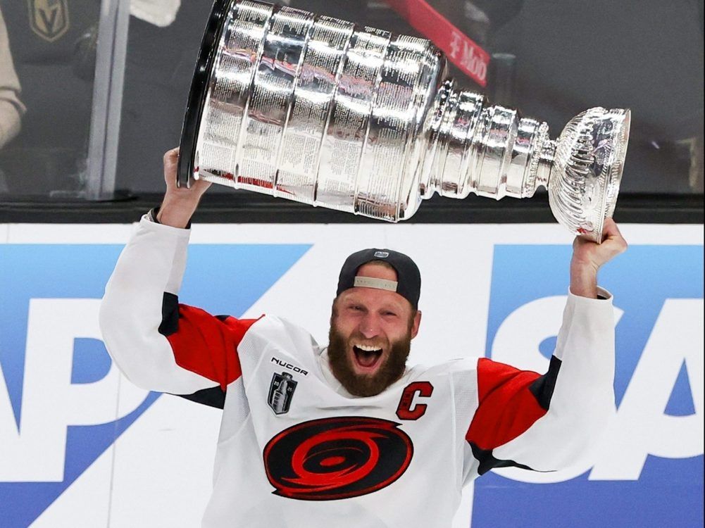 Carolina Hurricanes captain Jordan Staal hoists the Stanley Cup after the team's 3-0 victory over the Vegas Golden Knights in Game Six of the 2026 NHL Stanley Cup Final at T-Mobile Arena on June 14, 2026 in Las Vegas.