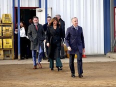 Prime Minister Mark Carney, Alberta Premier Danielle Smith and Pembina Pipeline Corporation president and CEO Scott Burrows walk out to address media regarding the Pacific Link pipeline in Fort McMurray, Alta., on Thursday, Oct. 1, 2026.