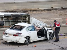 Calgary police investigate a serious crash on Deerfoot Trail on July 15, 2025. Alberta lawyers want the province to retain the right for people with permanent injuries to sue in the midst of an auto insurance reform that would take away the ability to sue.
