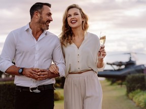 Smiling couple walking outdoors