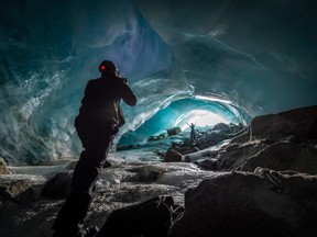 Couples travel by snowmobile, snow buggy or snow machine to a stunning complex of natural ice caves on the “Blue Room” tour.
