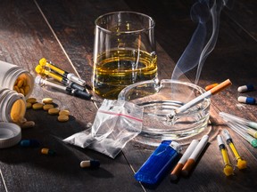 Addictive substances, including alcohol, cigarettes and drugs. COVID Pandemic worsened mental health and substance abuse, study indicates.
