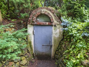 A steel door of a bomb shelter is surrounded by brick and ivy. Luxury bunkers include master bedrooms, flushing toilets and hot water, but also a nuclear blast hatch, decontamination showers and escape tunnels.