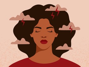 An illustration of a woman of colour with clouds and lightning bolts surrounding her head. Based on cognitive behavioural therapy techniques, BounceBack’s goal is to better meet the specific needs of youth, Indigenous peoples, Black people, people of colour and people who identify as 2SLGBTQIA+.