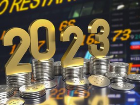 A 3D rendering of the date 2023 in gold with generic coins stacked around it and stock symbols in the background. To protect wealth, experts suggest moving far away from the traditional 60-40 split between equities and fixed-income investments.