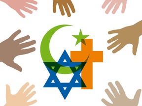 An illustration of multi-hued hands surrounding a Star of David, a cross and a star and crescent. Many people of faith see themselves as stewards of whatever wealth they hold, rather than owners, one expert says.
