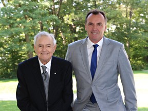 Tim Horton’s co-founder Ron Joyce with son Steven Joyce in 2016. The family foundation supports access to education for those who face barriers.