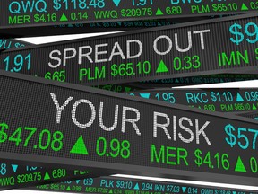 A photo illustration shows stock tickers spelling out "Spread out your risk."