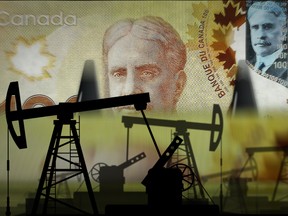A photo illustration of oil pump silhouettes superimposed on a Canadian $100 bill.
