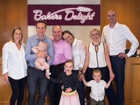 Adults, from left: Aaron Gillespie’s wife, Meghan; Aaron, president; Roger Gillespie, co-founder; Lesley Gillespie, co-founder; Elise Gillespie and her husband, Dave Christie, joint CEOs of Baker’s Delight. Three of the family's children are also in the photo.