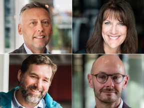 A photo collage of headshots. Clockwise from left: Drew M. Ratcliffe of Arpeg Group of Companies; Wendy Sage-Hayward of The Family Business Consulting Group; Matt Knight of the Alberta Business Family Institute at the University of Alberta; Owen Matthews of Alacrity Canada.