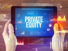 A photo illustration of a screen saying "private equity" with financial symbols floating in the air around it. Looking at the overall investment environment means analyzing whether private equity investments that are particularly popular at a given moment might be overpriced.