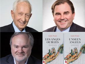 A photo collage: Clockwise from top left: Stephen Jarislowsky of the Jarislowsky Foundation, Andrew Molson of The Molson Foundation, author and former senator André Pratte, book cover of Unseen Angels published by Les Éditions LaPresse.