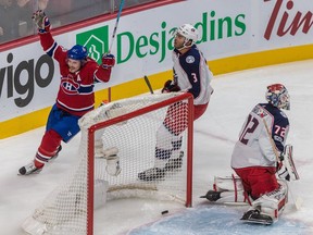 Canadiens right wing Brendan Gallagher (11) celebrates after opening the scoring for the Canadiens against the Columbus Blue Jackets goalie Sergei Bobrovsky (72) during 1st period NHL action at the Bell Centre in Montreal, on Monday, November 27, 2017.