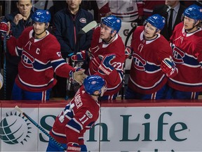 The Canadiens' Brendan Gallagher celebrates after opening the scoring against the Columbus Blue Jackets during the first period of game at the Bell Centre in Montreal on Nov. 27, 2017. The Canadiens won the game 3-1.