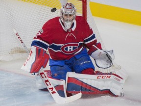 Montreal Canadiens goaltender Carey Price makes a save during first-period action against the Buffalo Sabres in Montreal, Saturday, Nov. 25, 2017.
