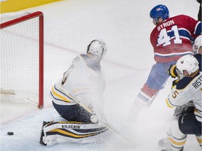 Paul Byron scores on Buffalo Sabres goaltender Robin Lehner during third- period action in Montreal, Saturday, Nov. 25, 2017.