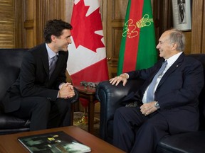 Prime Minister Trudeau meets with the Aga Khan in his Centre Block office in Ottawa. May 17, 2016.
