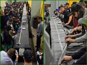 In these Dec. 16, 2017 photos, a 100-foot long joint created by Beantown Greentown, a Boston-based cannabis club, is revealed at the DCU Center in Worcester, Mass. (Christine Hochkeppel/Worcester Telegram & Gazette via AP/Chris Christo/Boston Herald via AP)