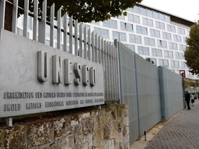 A picture taken on October 12, 2017 shows the United Nations Educational, Scientific and Cultural Organisation (UNESCO) headquarters in Paris.