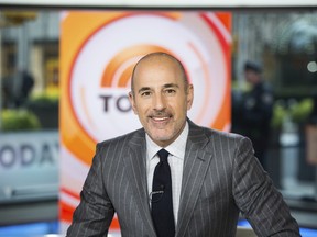 This Nov. 8, 2017 photo released by NBC shows Matt Lauer on the set of the "Today" show in New York. NBC News fired the longtime host for "inappropriate sexual behavior." Lauer's co-host Savannah Guthrie made the announcement at the top of Wednesday's "Today" show. (Nathan Congleton/NBC via AP) ORG XMIT: NYET301