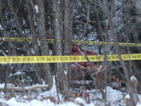 Hydro One helicopter that crashed can be seen near Tweed, Ont., on Dec. 14, 2017.