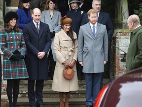 Princess Beatrice, Princess Eugenie, Princess Anne, Princess Royal, Prince Andrew, Duke of York, Prince William, Duke of Cambridge, Prince Philip, Duke of Edinburgh, Catherine, Duchess of Cambridge, Meghan Markle and Prince Harry attend Christmas Day Church service at Church of St Mary Magdalene on December 25, 2017 in King's Lynn, England.