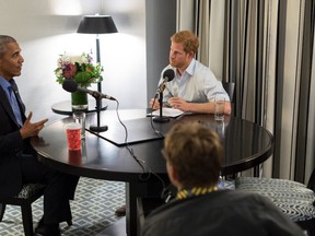Former U.S. president Barack Obama sits down for a chat with his pal, Prince Harry.