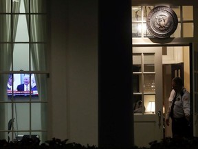 U.S. President Donald Trump is seen on a television news show in the West Wing of the White House, on May 15, 2017 in Washington, DC.