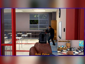 This undated frame the video shows video game play footage of a mass shooting simulation. (Cole Engineering services, Inc., via AP)