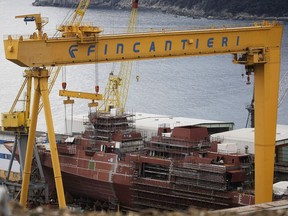 A picture shows a ship under construction in the shipyard Fincantieri of Riva Trigoso on January 4, 2017 in Sestri Levante, northern Italy.