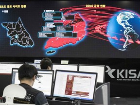 A photo taken on May 15, 2017 shows staff monitoring the spread of ransomware cyber-attacks at the Korea Internet and Security Agency (KISA) in Seoul.