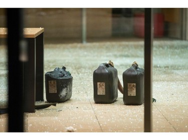 Petrol containers are seen in the lobby of the German Social Democratic Party  headquarters after a vehicle was used to ram the building in Berlin early Dec. 25, 2017.  (ODD ANDERSEN/AFP/Getty Images)