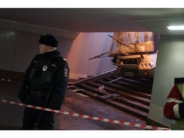 A picture obtained from the Twitter account of Alexey Abanin/TVRain shows a view of the site where a city bus ploughed into a pedestrian underpass in western Moscow on Dec. 25, 2017. (ALEXEY ABANIN/AFP/Getty Images)