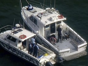 This image made from a video, shows search and rescue teams on back of boats in Hawkesbury River, Australia Sunday, Dec. 31, 2017.