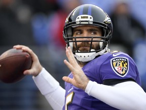 Baltimore Ravens quarterback Joe Flacco (5) warms up before an NFL football game against the Cincinnati Bengals in Baltimore, Sunday, Dec 31, 2017.