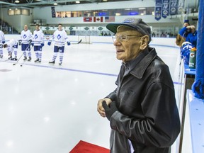 Hockey legend Johnny Bower is on the ice right before the Leafs and Habs Alumni face-off in the Hockey Helps the Homeless Alumni Showcase Game Centennial Arena in Markham, Ont. on Thursday Nov. 13, 2014. (ERNEST DOROSZUK/TORONTO SUN FILES)