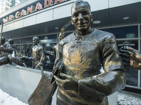 The statue of late Toronto Maple Leafs goalie Johnny Bower at Legends Row outside of the Air Canada Canada Centre on Dec. 27, 2017