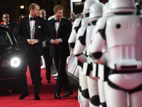 Prince William, Duke of Cambridge, left, and Prince Harry attend the European premiere of Star Wars: The Last Jedi, at the Royal Albert Hall, in central London, Tuesday, Dec. 12, 2017.