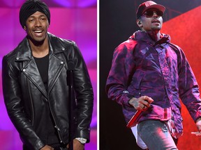 Nick Cannon speaks onstage at Billboard Women In Music 2017 at The Ray Dolby Ballroom at Hollywood & Highland Center on November 30, 2017 in Hollywood, California.  (Photo by Michael Kovac/Getty Images for Billboard) and Chris Brown performs at the Barclays Center on Monday, Feb. 16, 2015, in New York. (Photo by Greg Allen/Invision/AP)