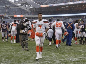 Cleveland Browns quarterback DeShone Kizer (7) walks off the field after losing to the Chicago Bears Sunday, Dec. 24, 2017.