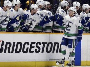 Brock Boeser Vancouver Canucks right wing Brock Boeser (6) is congratulated after scoring a goal against the Nashville Predators during the second period of an NHL hockey game Thursday, Nov. 30, 2017, in Nashville, Tenn.