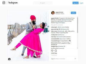 In this screenshot, a Instagram post congratulates NDP Leader Jagmeet Singh and fashion designer Gurkiran Kaur Sidhu.