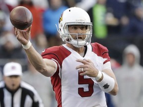 Arizona Cardinals quarterback Drew Stanton passes against the Seattle Seahawks in the first half of an NFL football game, Sunday, Dec. 31, 2017, in Seattle.