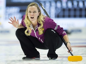 Skip Chelsea Carey calls to teammates during the Olympic curling trials against Team Flaxey Tuesday, December 5, 2017 in Ottawa.