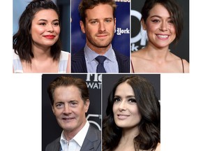 This combination photo shows, from left, Miranda Cosgrove, Armie Hammer, Tatiana Maslany, Kyle MacLachlan and Salma Hayek, who have shared details of their holiday traditions with The Associated Press. (AP Photo/File)