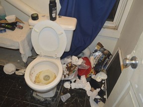 In this Nov. 29, 2017 photo provided by the Brockport Police Department in Brockport, N.Y., filthy conditions inside a bathroom at a house belonging to an unsanctioned fraternity near Brockport College are shown.